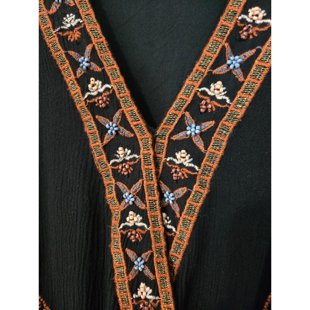 Free People M Black Crescent Moon Embroidered Gauze Top Boho V-Neck Long Sleeve - Picture 3 of 8